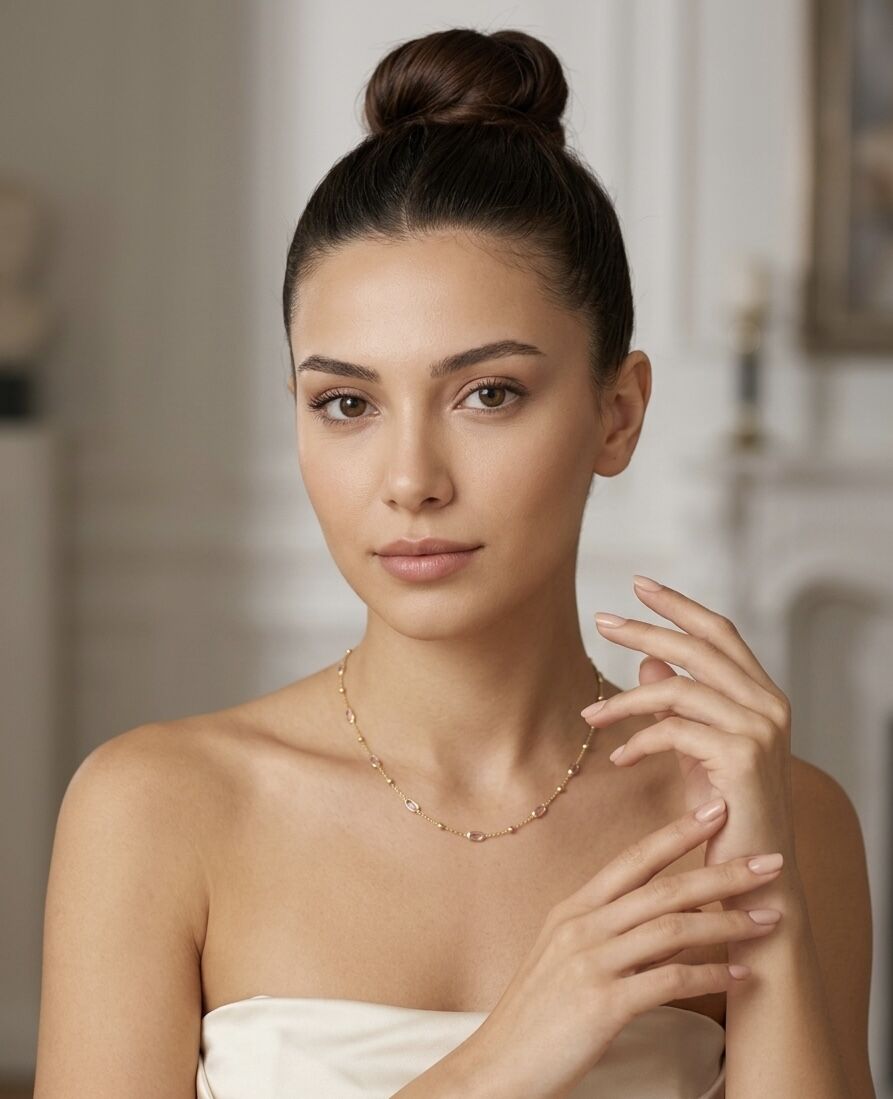 PEMBE KUVARS TAŞLI TOPÇUKLU GOLD KOLYE