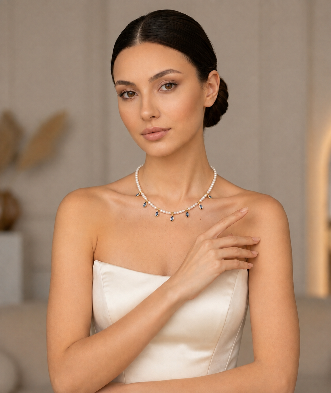 LAPİS TAŞLI İNCİLİ İTASARIM KOLYE